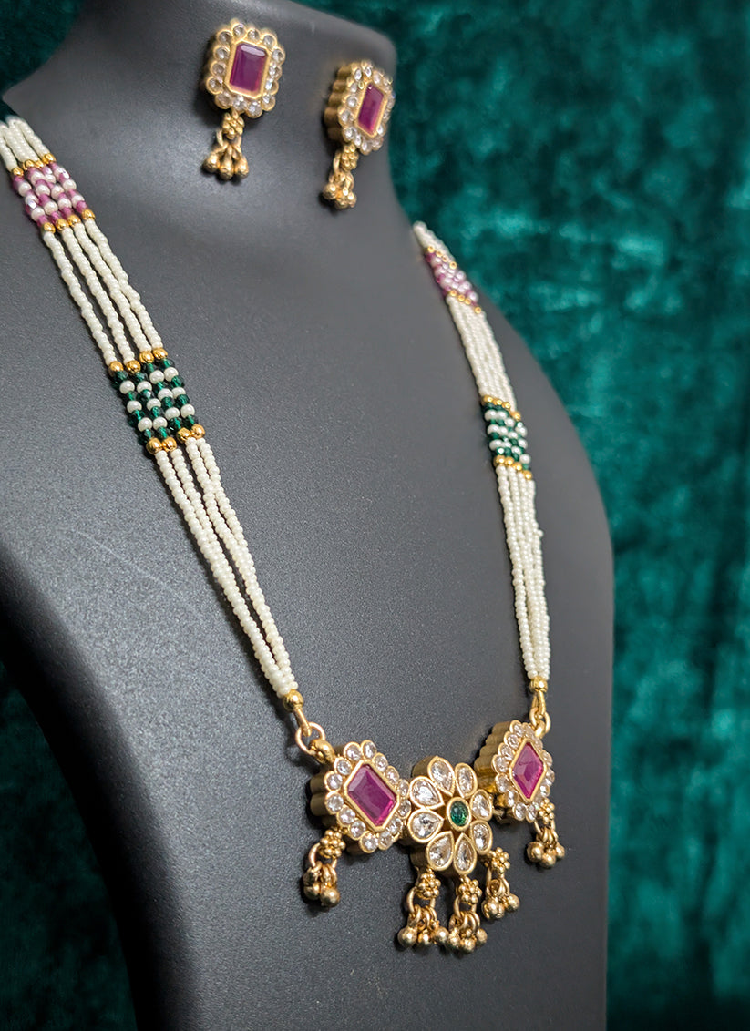 Precious White Pearl 4 String Long Necklace Set