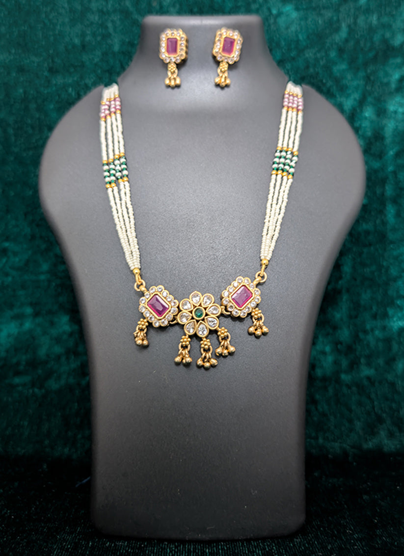 Precious White Pearl 4 String Long Necklace Set