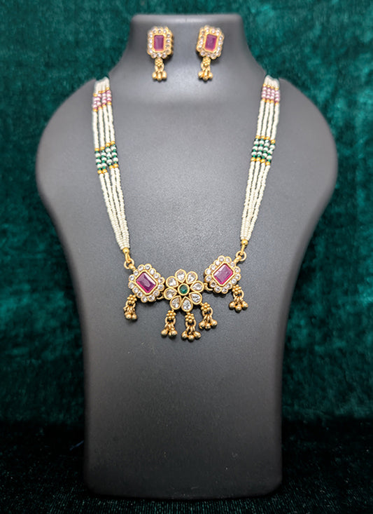 Precious White Pearl 4 String Long Necklace Set