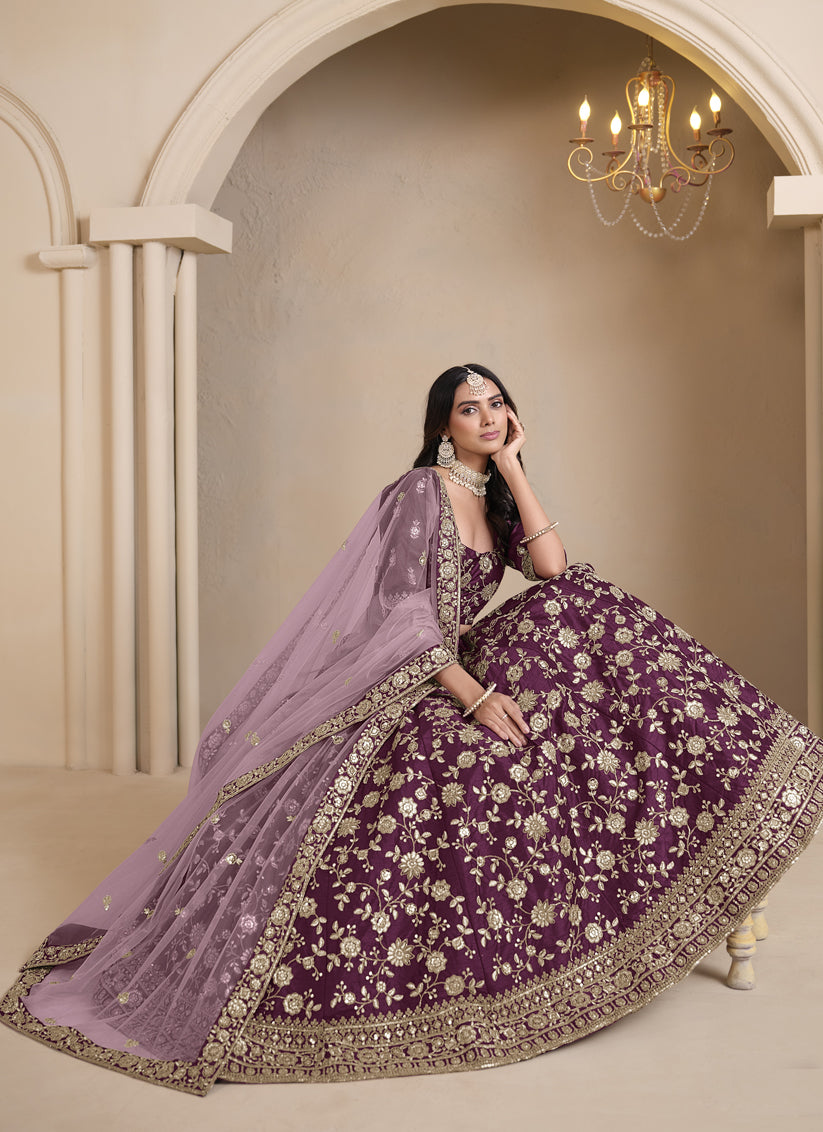 Burgundy Art Silk Embroidered Lehenga Choli