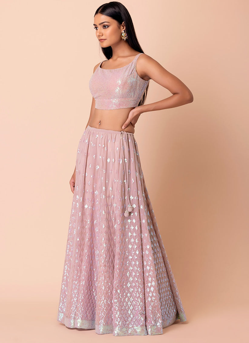 Light Pink Embroidered Georgette Lehenga Choli Set