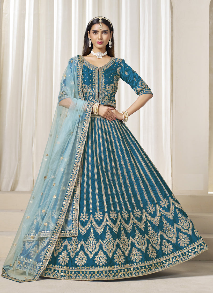 Peacock Blue Art Silk Embroidered Wedding Lehenga Choli Set