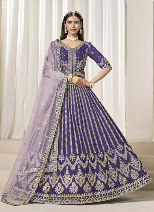 Violet Art Silk Embroidered Wedding Lehenga Choli Set