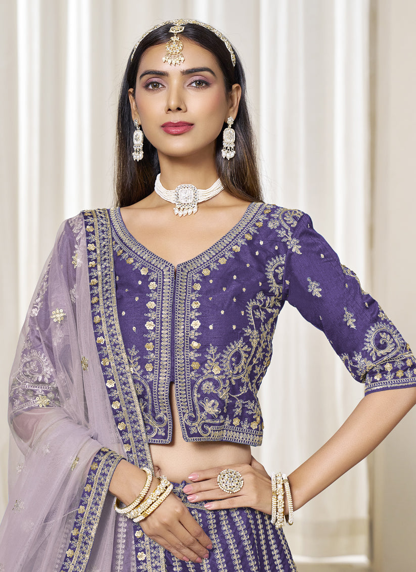 Violet Art Silk Embroidered Wedding Lehenga Choli Set