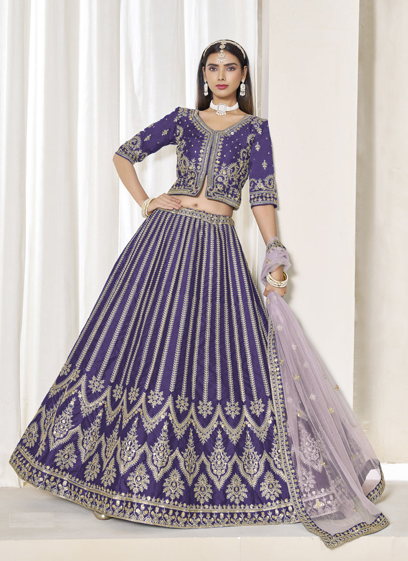 Violet Art Silk Embroidered Wedding Lehenga Choli Set