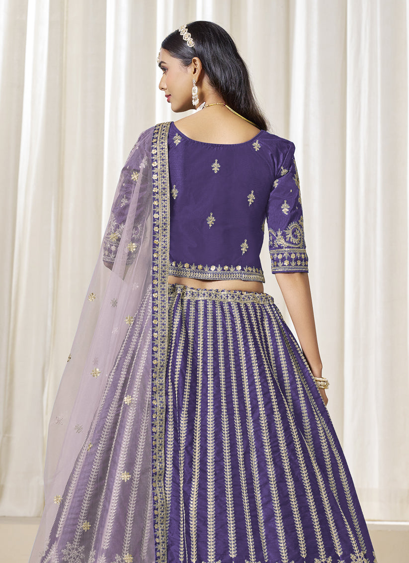 Violet Art Silk Embroidered Wedding Lehenga Choli Set