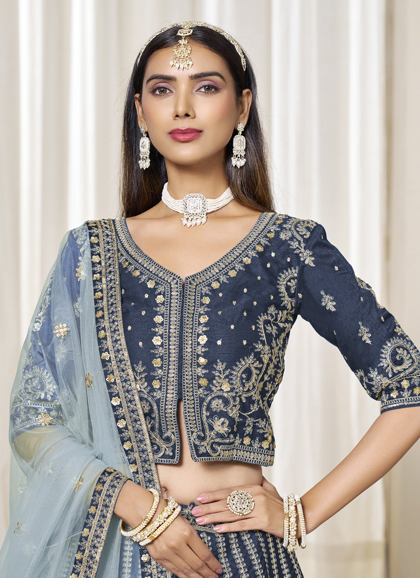 Prussian Blue Art Silk Embroidered Wedding Lehenga Choli Set