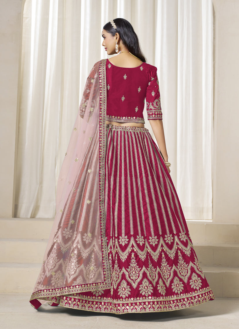Raspberry Pink Art Silk Embroidered Wedding Lehenga Choli Set