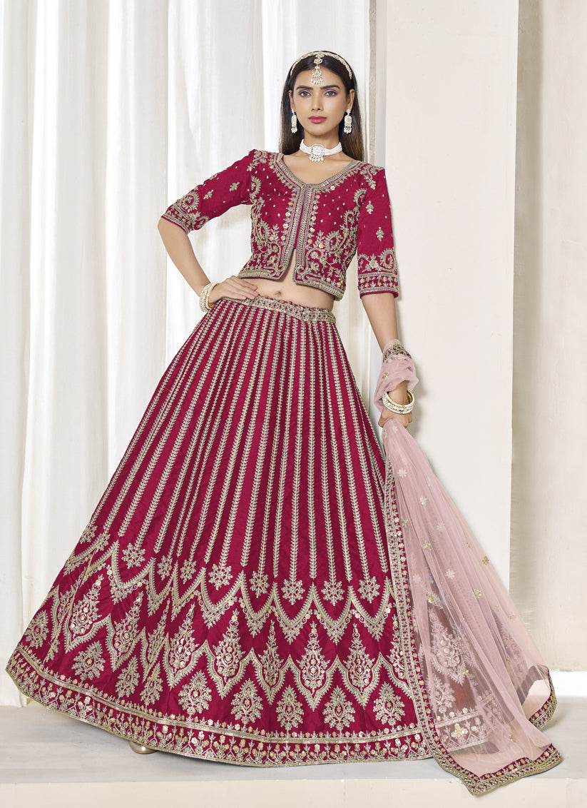 Raspberry Pink Art Silk Embroidered Wedding Lehenga Choli Set