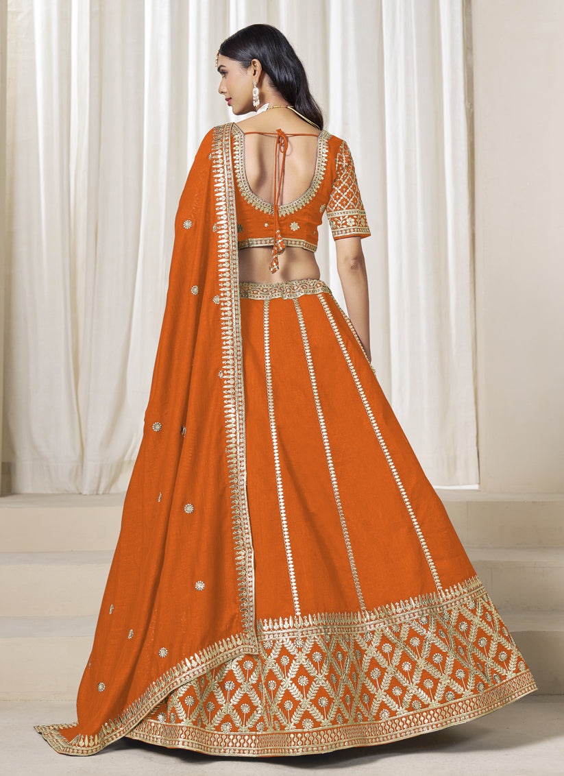 Orange Art Silk Lehenga Choli Set for Wedding
