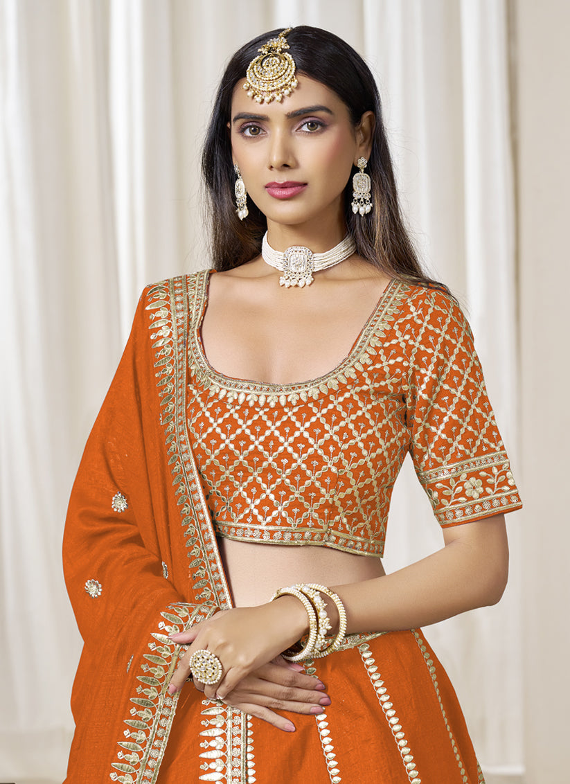 Orange Art Silk Lehenga Choli Set for Wedding