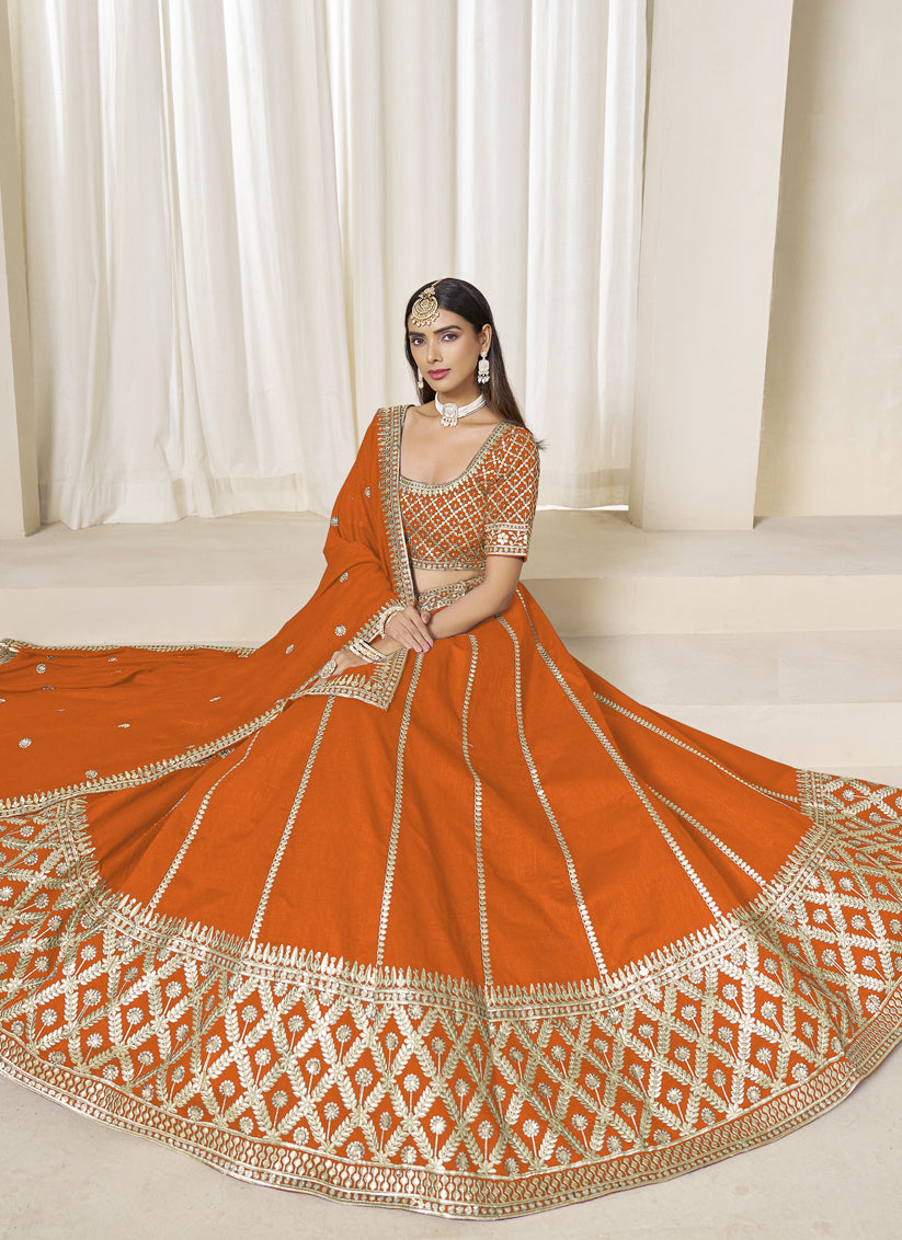 Orange Art Silk Lehenga Choli Set for Wedding