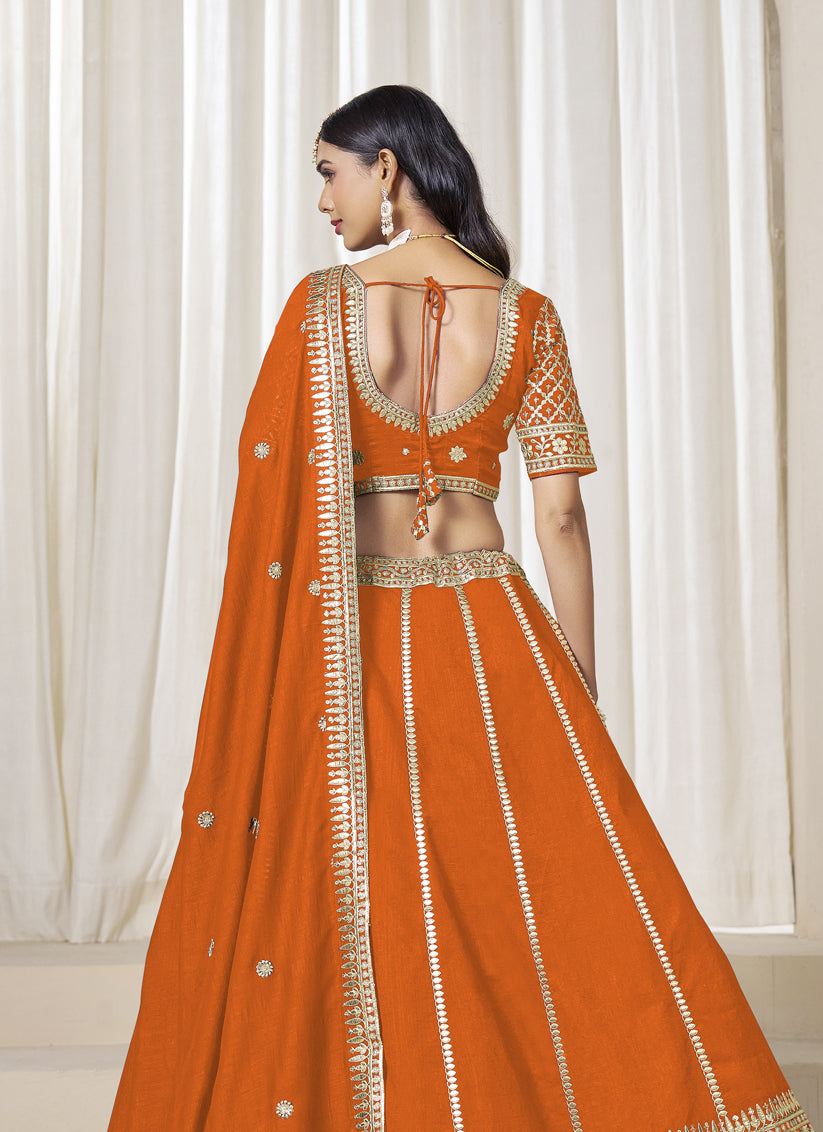 Orange Art Silk Lehenga Choli Set for Wedding