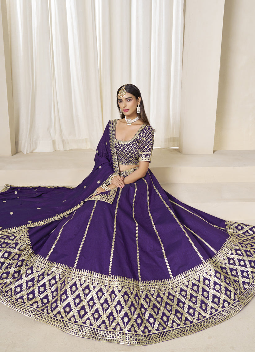 Purple Art Silk Lehenga Choli Set for Wedding