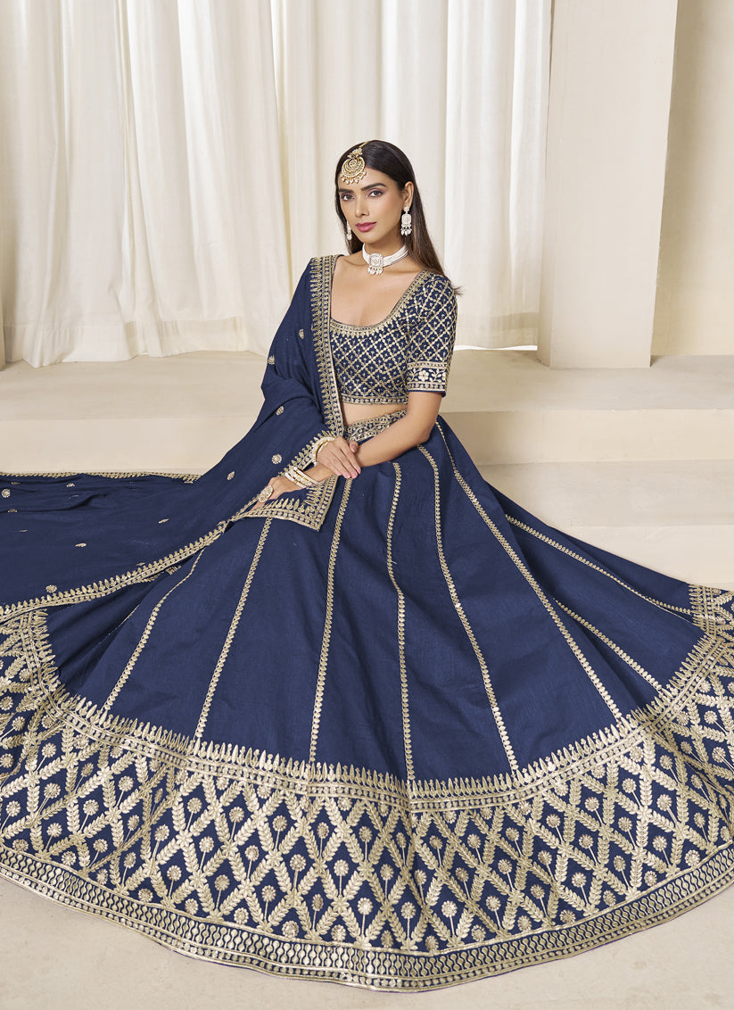 Prussian Blue Art Silk Lehenga Choli Set for Wedding
