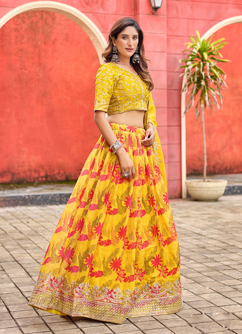 Maize Yellow Tabby Silk Embroidered Lehenga Choli set