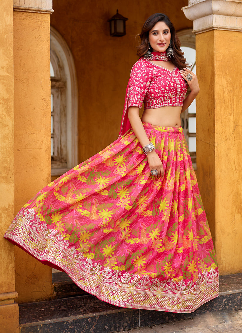 Rani Pink Tabby Silk Embroidered Lehenga Choli set
