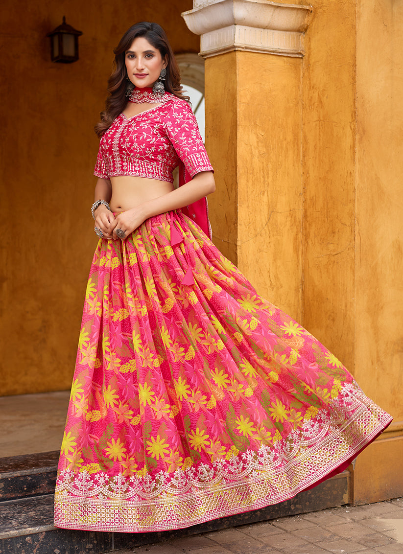 Rani Pink Tabby Silk Embroidered Lehenga Choli set