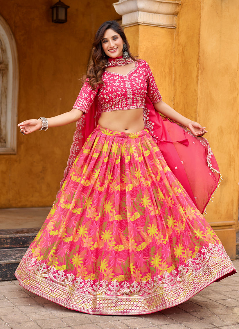 Rani Pink Tabby Silk Embroidered Lehenga Choli set