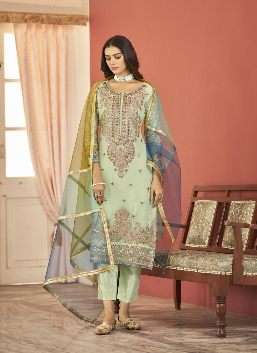 Pastel Green Faux Georgette Embroidered Pant Kameez