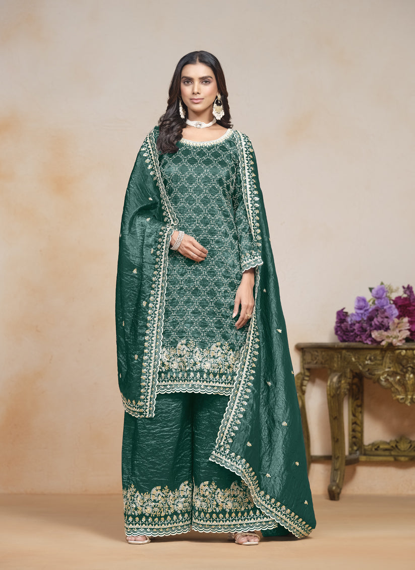 Rama Green Embroidered Gold Crush Palazzo Kameez Suit