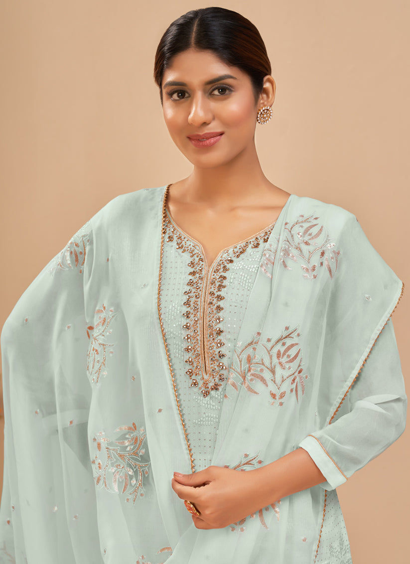 Ice Blue Georgette Khatli Work Palazzo Suit