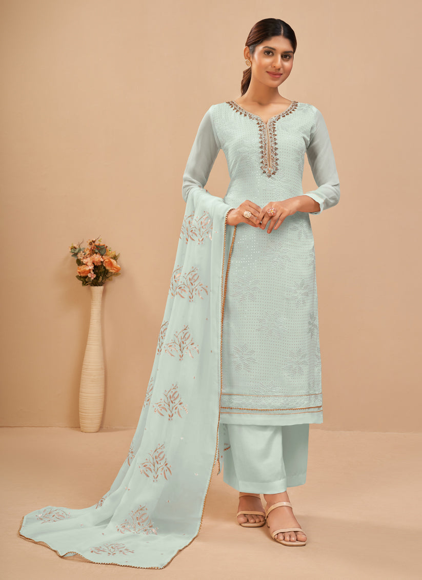 Ice Blue Georgette Khatli Work Palazzo Suit