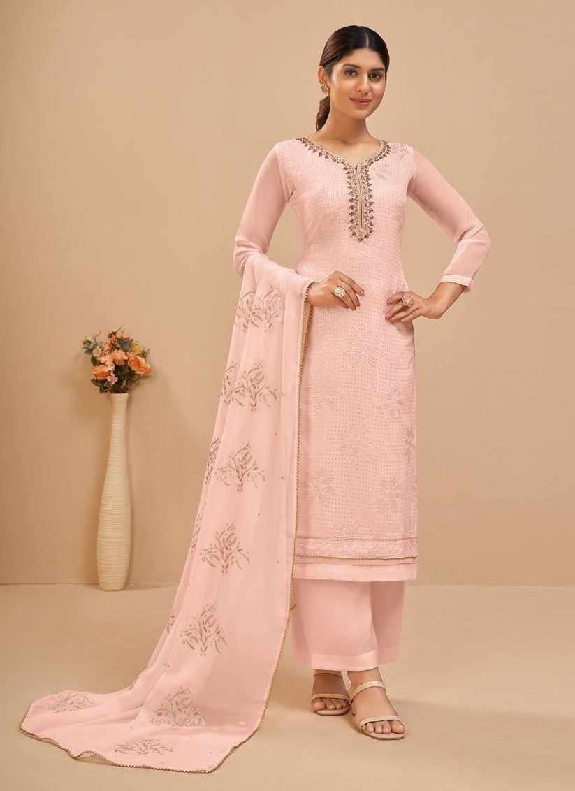 Blush Peach Georgette Khatli Work Palazzo Suit