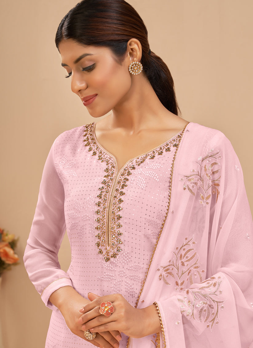 Baby Pink Georgette Khatli Work Palazzo Suit