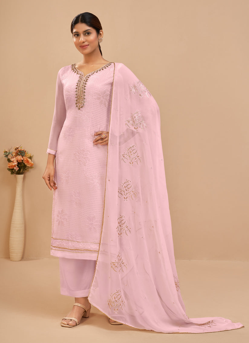 Baby Pink Georgette Khatli Work Palazzo Suit