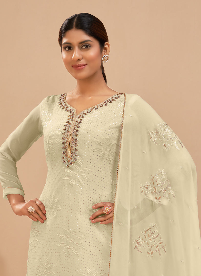 Cream Georgette Khatli Work Palazzo Suit