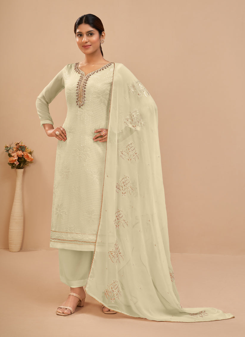 Cream Georgette Khatli Work Palazzo Suit