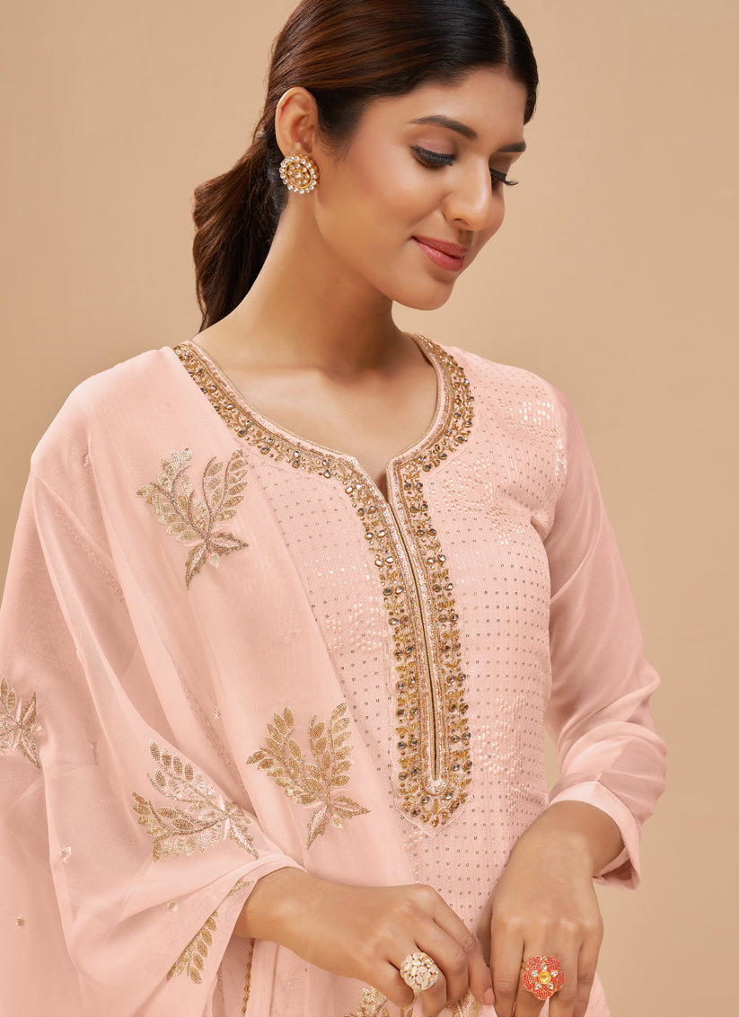 Blush Peach Georgette Khatli Work Palazzo Suit