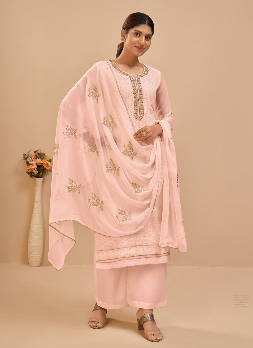 Blush Peach Georgette Khatli Work Palazzo Suit