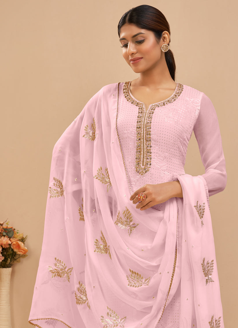 Baby Pink Georgette Khatli Work Palazzo Suit