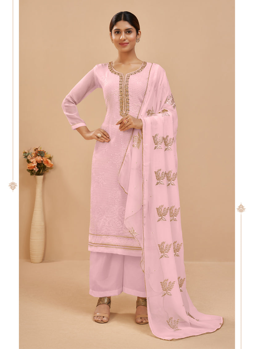 Baby Pink Georgette Khatli Work Palazzo Suit