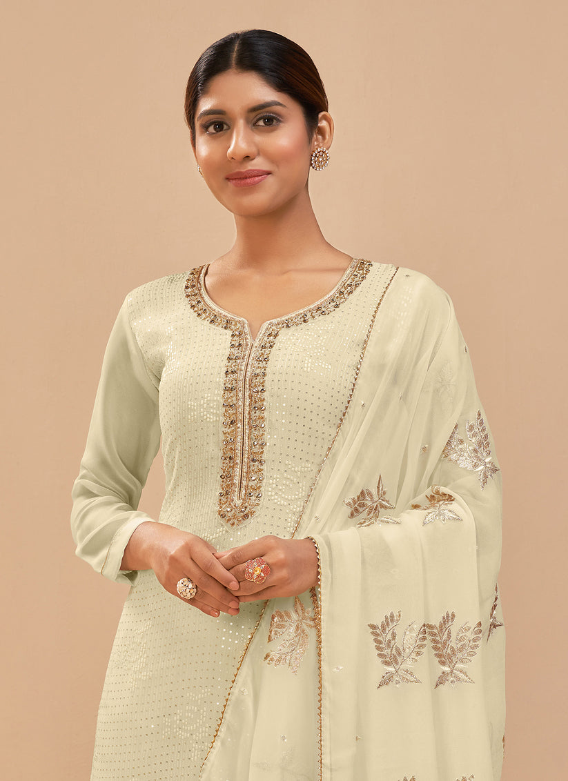 Cream Georgette Khatli Work Palazzo Suit