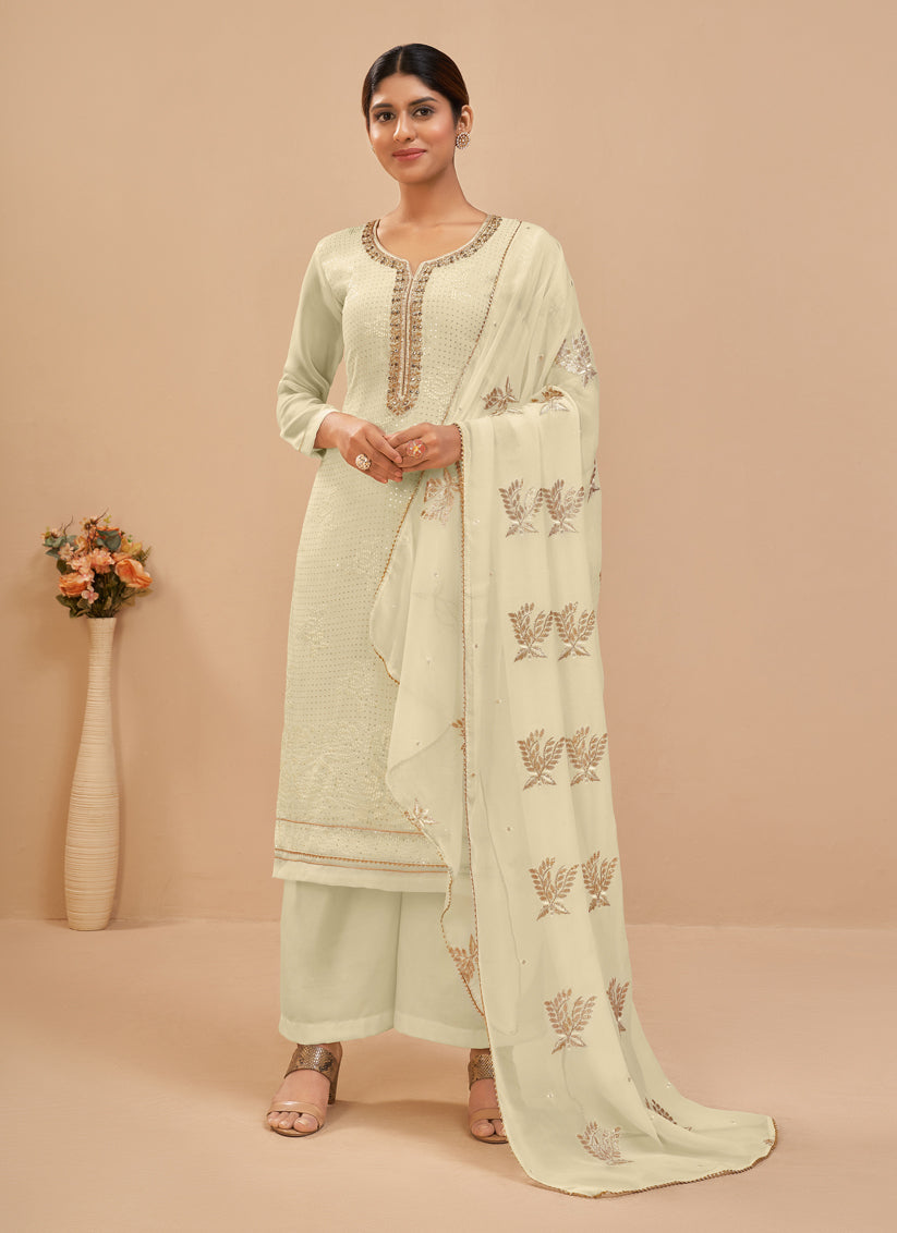 Cream Georgette Khatli Work Palazzo Suit
