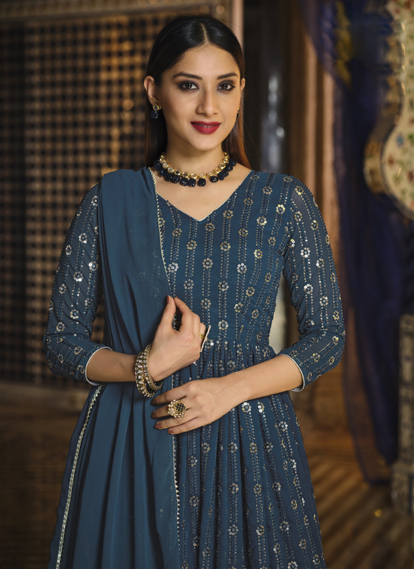 Prussian Blue Georgette Sequined Lehenga Kameez