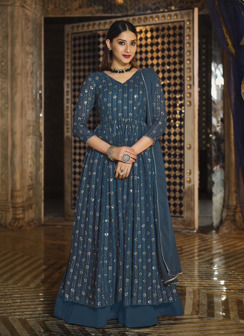 Prussian Blue Georgette Sequined Lehenga Kameez