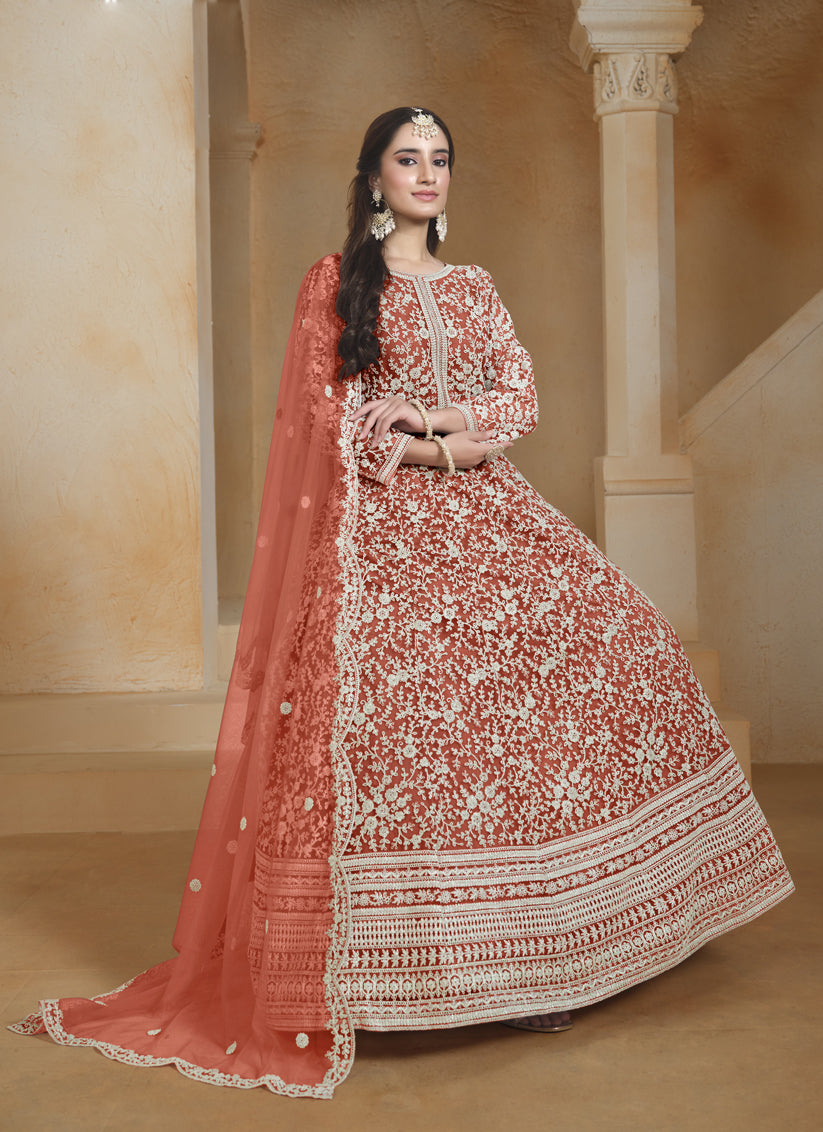 Coral Orange Chain Style Embroidered Anarkali Suit