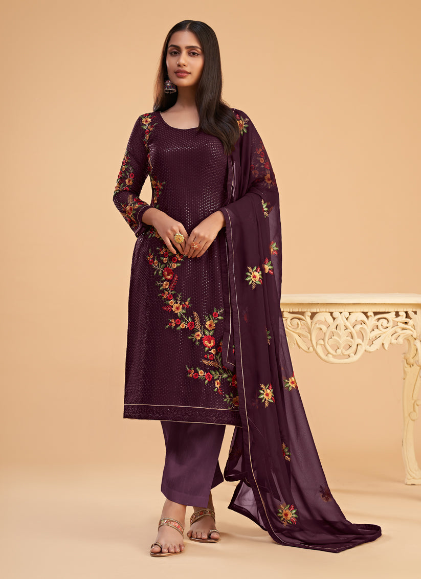 Burgundy Georgette Embroidered Pant Kameez