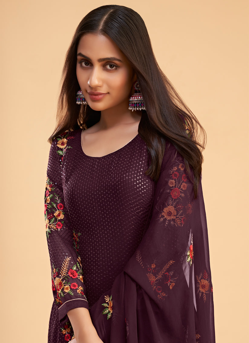 Burgundy Georgette Embroidered Pant Kameez