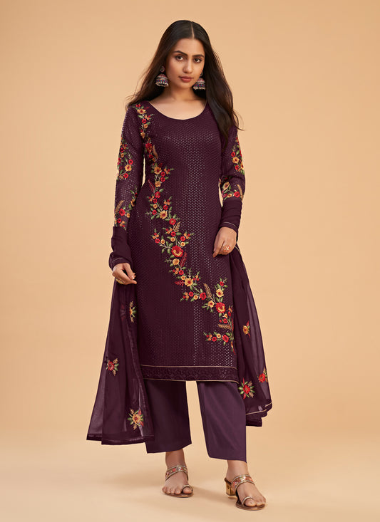 Burgundy Georgette Embroidered Pant Kameez