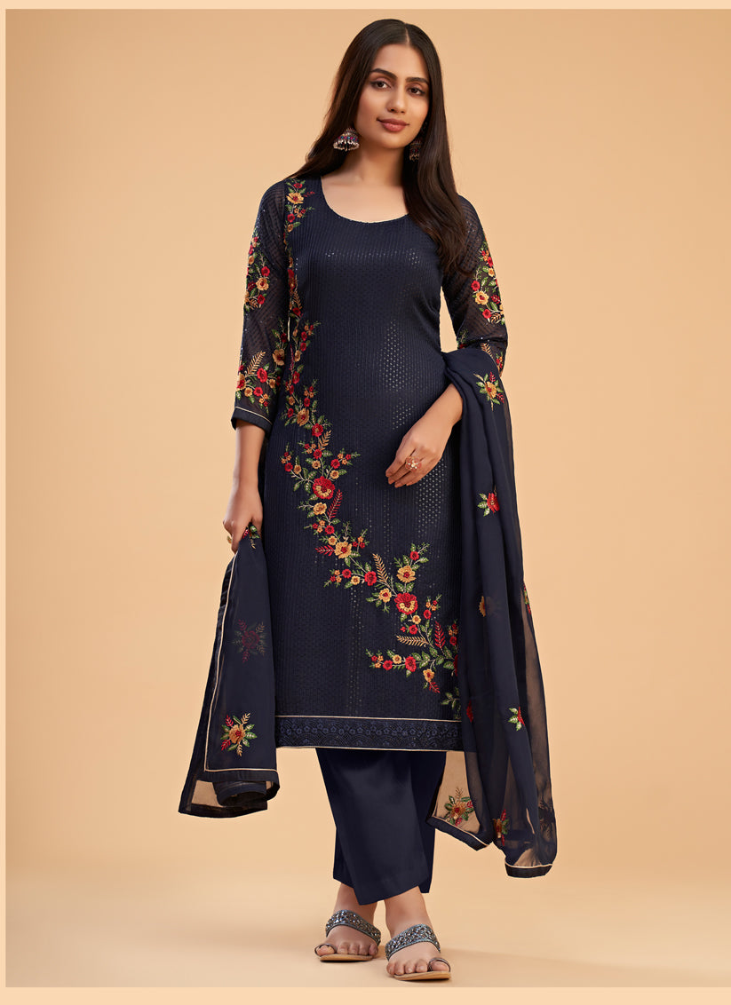 Midnight Blue Georgette Embroidered Pant Kameez