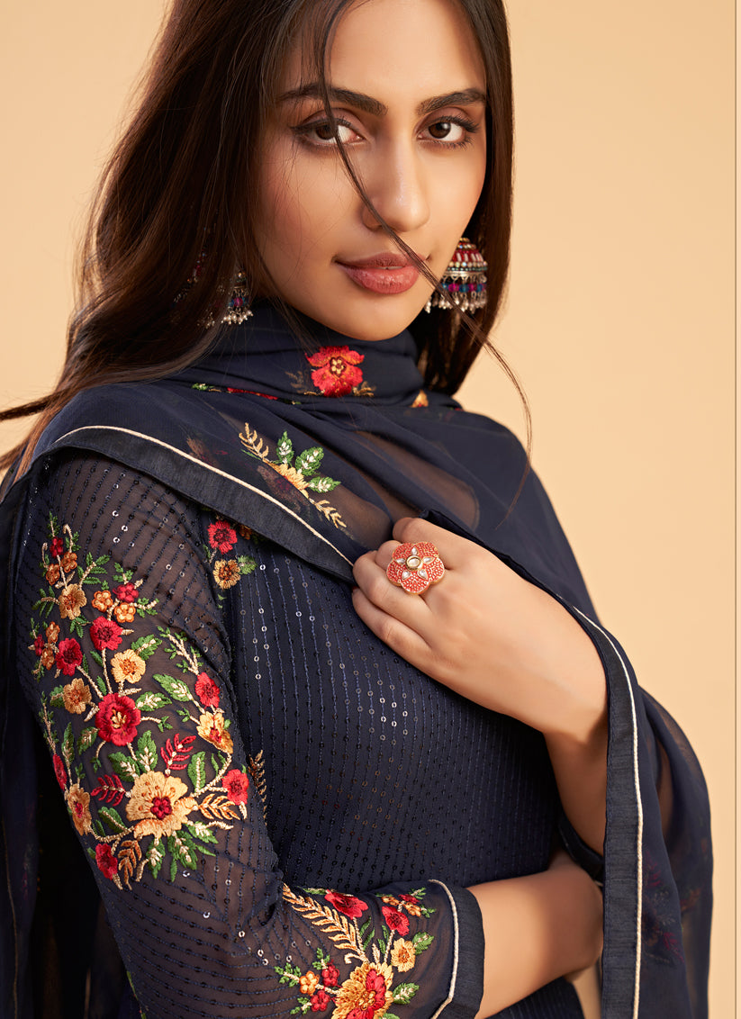 Midnight Blue Georgette Embroidered Pant Kameez