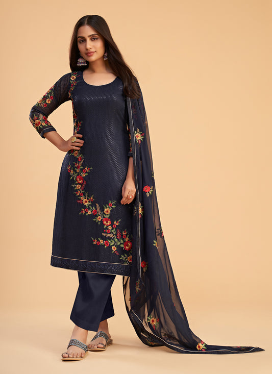 Midnight Blue Georgette Embroidered Pant Kameez