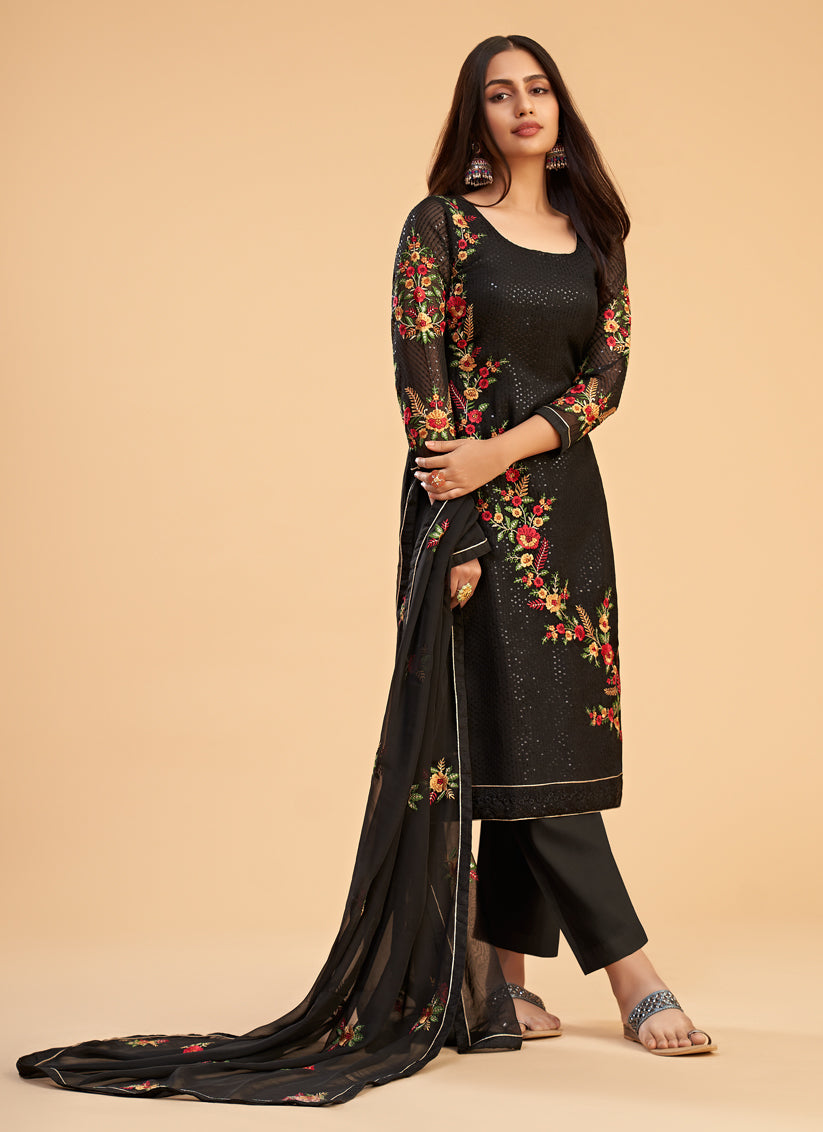 Black Georgette Embroidered Pant Kameez