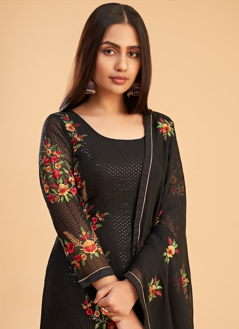 Black Georgette Embroidered Pant Kameez
