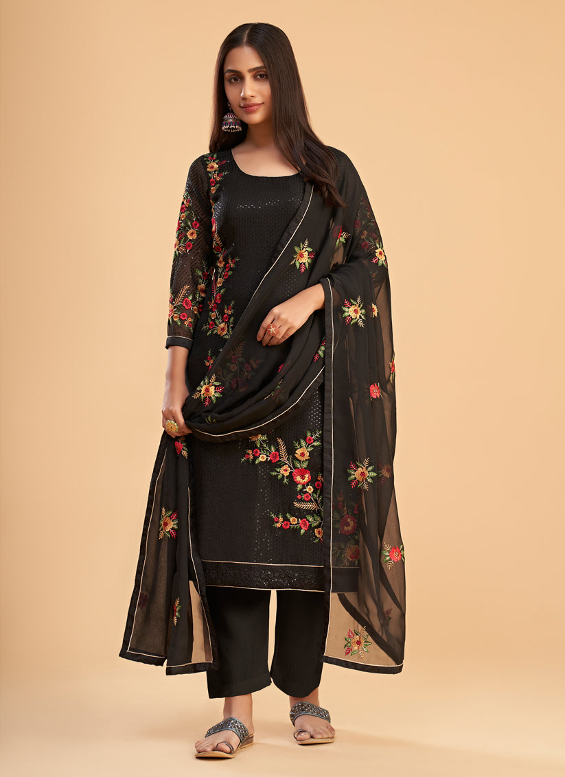 Black Georgette Embroidered Pant Kameez